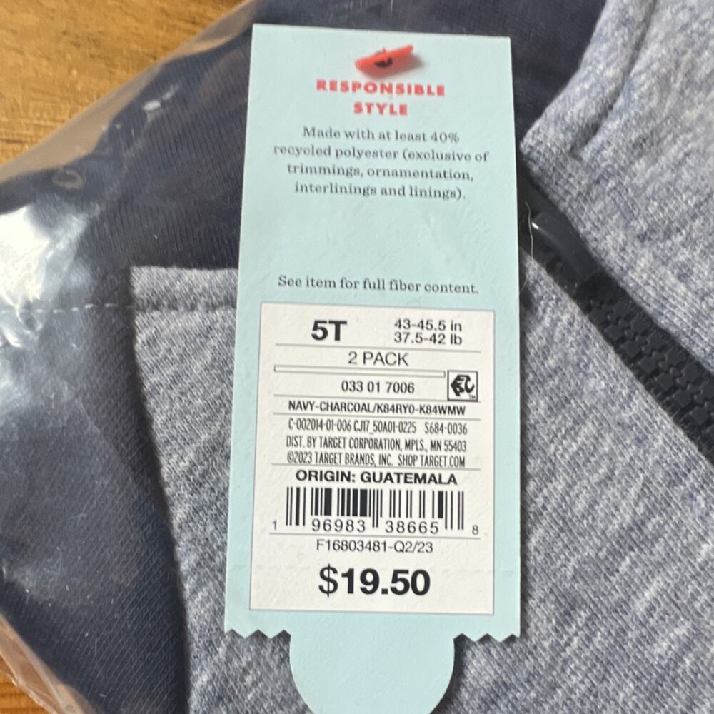 Cat & Jack (Target) Boys Zip Hoodies TWO pack Charcoal/Navy 5T sealed two pk! - Picture 3 of 10